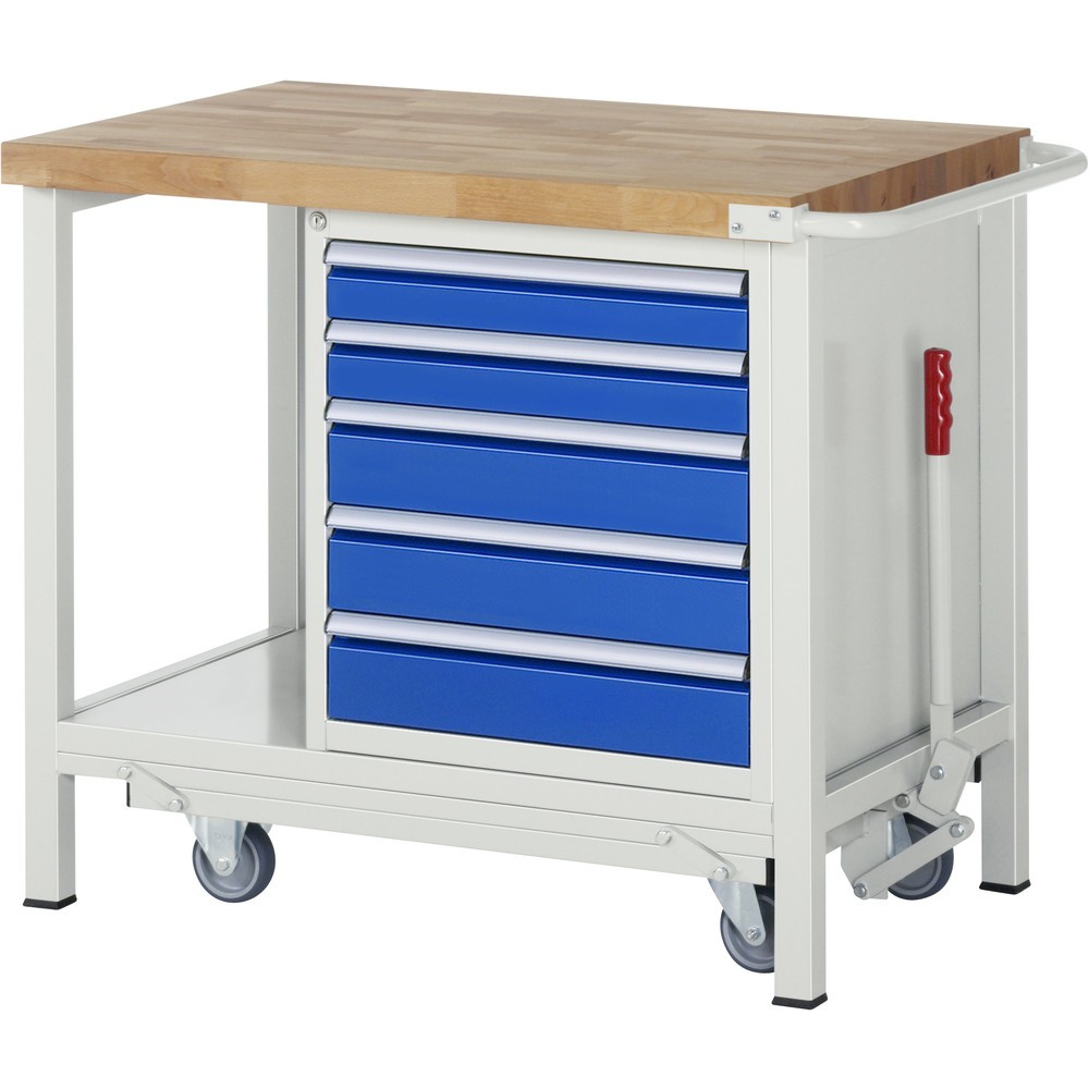 Imagen del producto: Banco de trabajo RAU serie 8000 con bastidor con ruedas abatible, 1 contenedores, 1 estante inferior, HxAxF 880 x 1.000 x 700 mm, 5 cajones extraíbles al 90%, ancho 490 mm