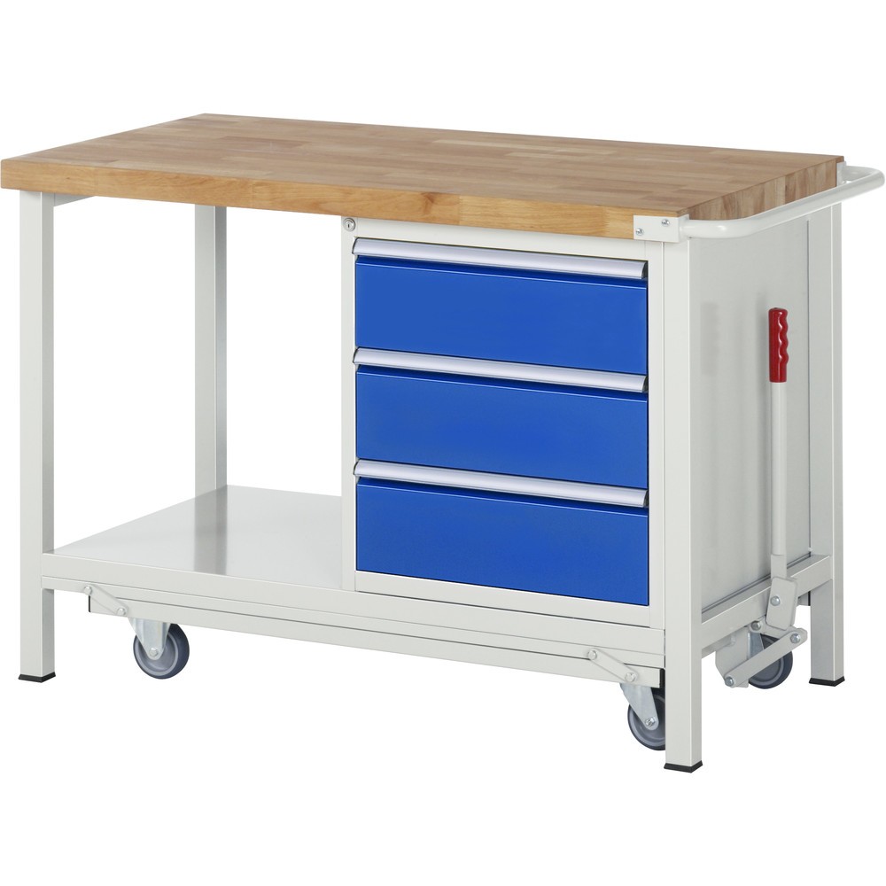 Imagen del producto: Banco de trabajo RAU serie 8000 con bastidor con ruedas abatible, 1 contenedores, 1 estante inferior, HxAxF 880 x 1.250 x 700 mm, 3 cajones extraíbles al 90%, ancho 490 mm, ErgoScript