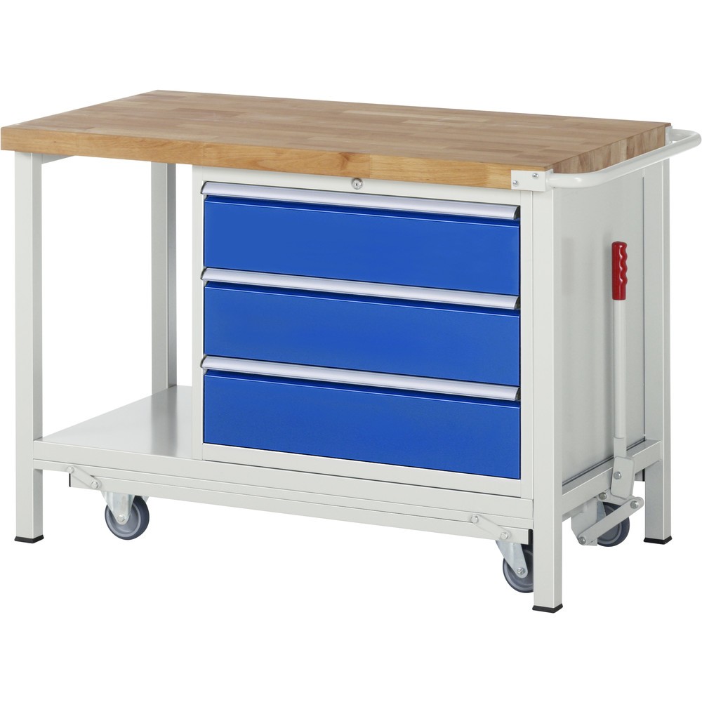 Imagen del producto: Banco de trabajo RAU serie 8000 con bastidor con ruedas abatible, 1 contenedores, 1 estante inferior, HxAxF 880 x 1.250 x 700 mm, 3 cajones extraíbles al 90%, ancho 680 mm, ErgoScript