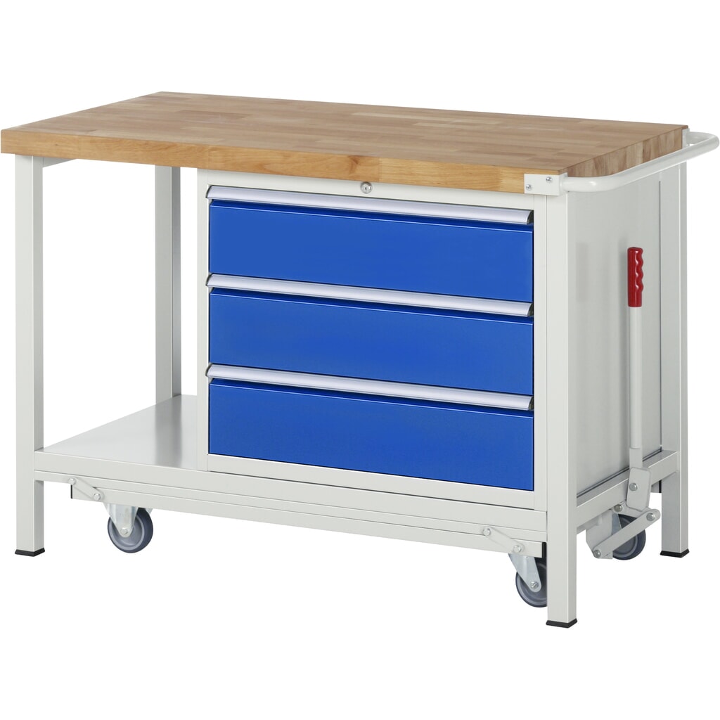 Imagen del producto: Banco de trabajo RAU serie 8000 con bastidor con ruedas abatible, 1 contenedores, 1 estante inferior, HxAxF 880 x 1.250 x 700 mm, 3 cajones extraíbles al 90%, ancho 680 mm, ErgoScript