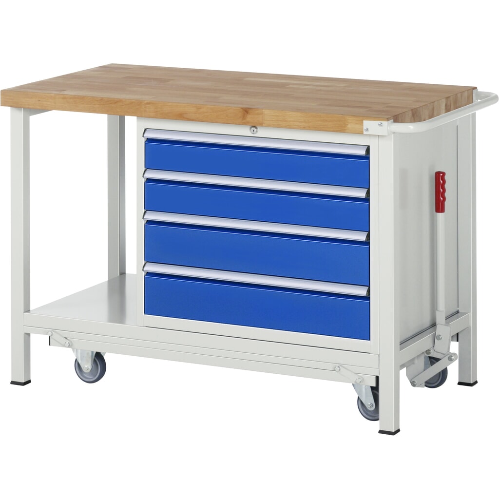 Banco de trabajo RAU serie 8000 con bastidor con ruedas abatible, 1 contenedores, 1 estante inferior, HxAxF 880 x 1.250 x 700 mm, 4 cajones extraíbles al 90%, ancho 680 mm Imagen del producto: Banco de trabajo RAU serie 8000 con bastidor con ruedas abatible, 1 contenedores, 1 estante inferior, HxAxF 880 x 1.250 x 700 mm, 4 cajones extraíbles al 90%, ancho 680 mm