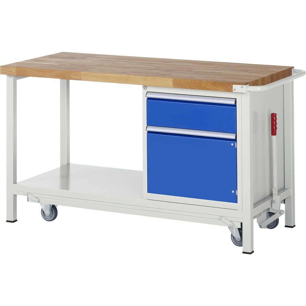 Imagen del producto: Banco de trabajo RAU serie 8000 con bastidor con ruedas abatible, 1 contenedores, 1 estante inferior, HxAxF 880 x 1.250 x 700 mm, 1 cajón extraíble al 90%, 1 puerta batiente, ErgoScript