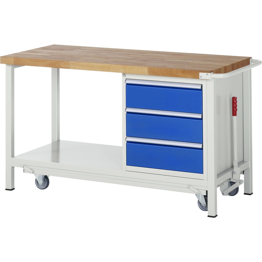 Número de imagen del producto 1: Banco de trabajo RAU serie 8000 con bastidor con ruedas abatible, 1 contenedores, 1 estante inferior, HxAxF 880 x 1.500 x 700 mm, 3 cajones extraíbles al 90%, ancho 490 mm, ErgoScript