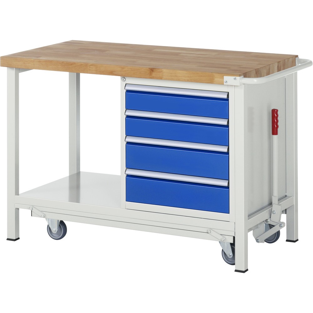 Imagen del producto: Banco de trabajo RAU serie 8000 con bastidor con ruedas abatible, 1 contenedores, 1 estante inferior, HxAxF 880 x 1.250 x 700 mm, 4 cajones extraíbles al 90%, ancho 490 mm