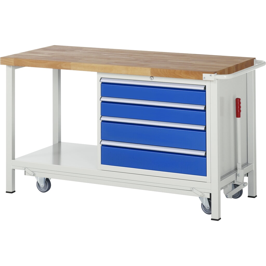 Banco de trabajo RAU serie 8000 con bastidor con ruedas abatible, 1 contenedores, 1 estante inferior, HxAxF 880 x 1.500 x 700 mm, 4 cajones extraíbles al 90%, ancho 680 mm Imagen del producto: Banco de trabajo RAU serie 8000 con bastidor con ruedas abatible, 1 contenedores, 1 estante inferior, HxAxF 880 x 1.500 x 700 mm, 4 cajones extraíbles al 90%, ancho 680 mm