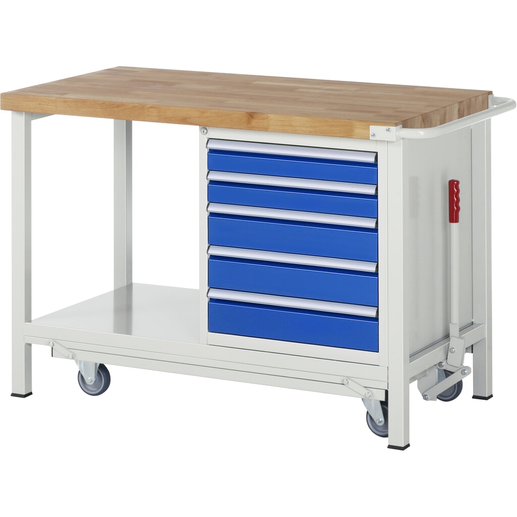Imagen del producto: Banco de trabajo RAU serie 8000 con bastidor con ruedas abatible, 1 contenedores, 1 estante inferior, HxAxF 880 x 1.250 x 700 mm, 5 cajones extraíbles al 90%, ancho 490 mm