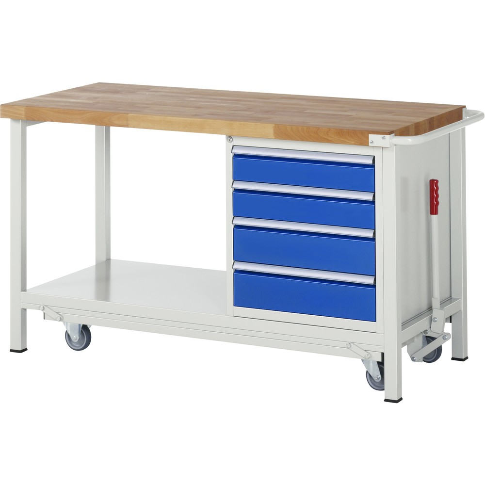Número de imagen del producto 1: Banco de trabajo RAU serie 8000 con bastidor con ruedas abatible, 1 contenedores, 1 estante inferior, HxAxF 880 x 1.500 x 700 mm, 4 cajones extraíbles al 90%, ancho 490 mm