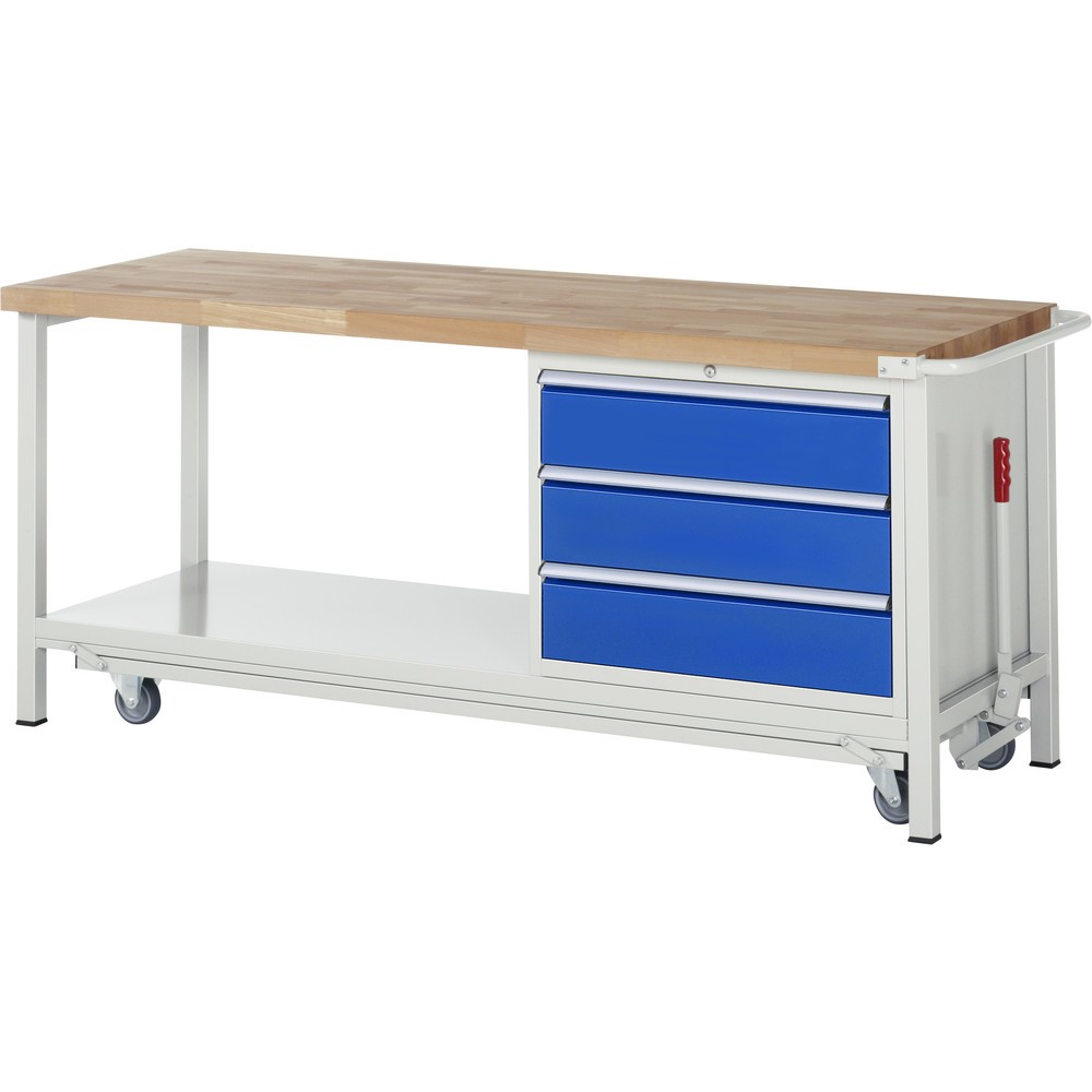 Imagen del producto: Banco de trabajo RAU serie 8000 con bastidor con ruedas abatible, 1 contenedores, 1 estante inferior, HxAxF 880 x 2.000 x 700 mm, 3 cajones extraíbles al 90%, ancho 680 mm, ErgoScript