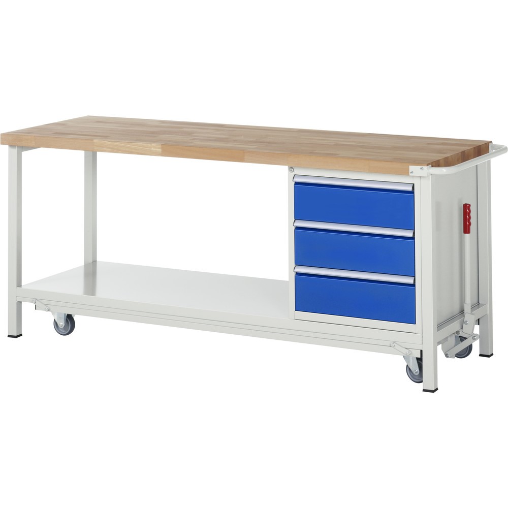 Número de imagen del producto 1: Banco de trabajo RAU serie 8000 con bastidor con ruedas abatible, 1 contenedores, 1 estante inferior, HxAxF 880 x 2.000 x 700 mm, 3 cajones extraíbles al 90%, ancho 490 mm, ErgoScript