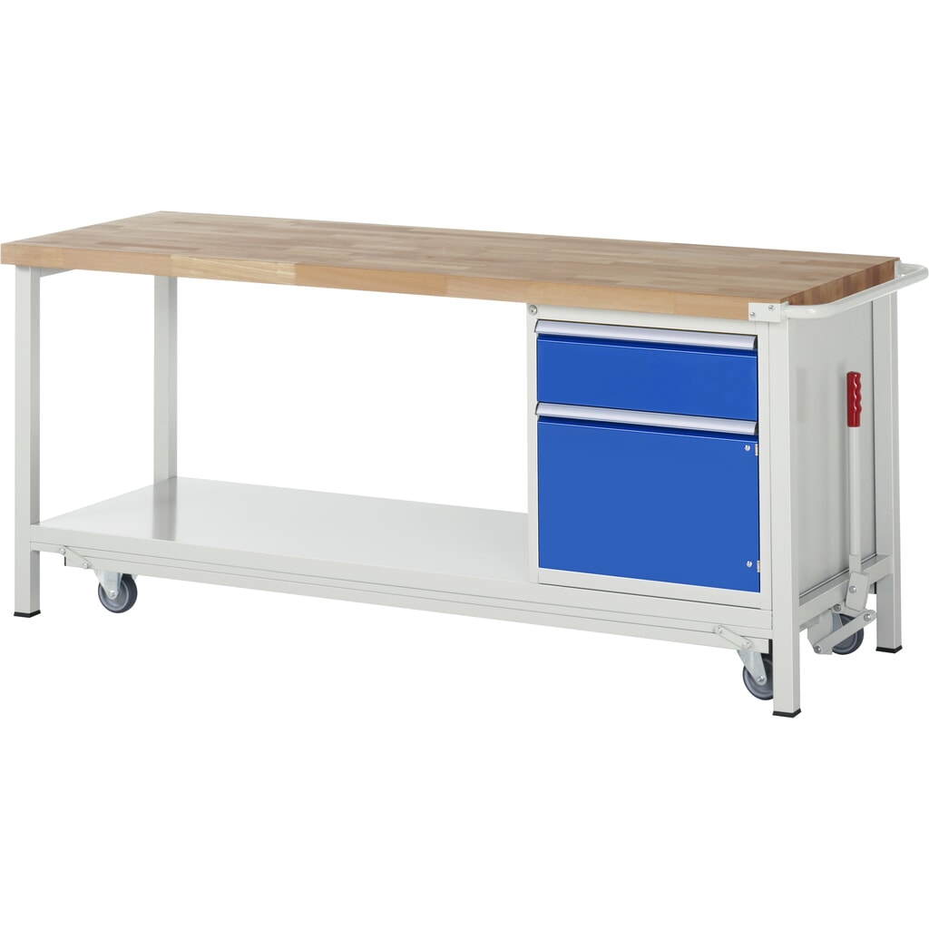 Imagen del producto: Banco de trabajo RAU serie 8000 con bastidor con ruedas abatible, 1 contenedores, 1 estante inferior, HxAxF 880 x 2.000 x 700 mm, 1 cajón extraíble al 90%, 1 puerta batiente, ErgoScript