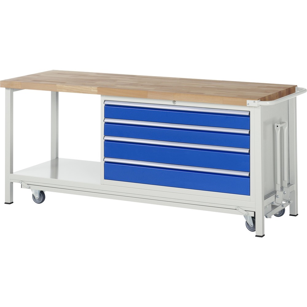 Imagen del producto: Banco de trabajo RAU serie 8000 con bastidor con ruedas abatible, 1 contenedores, 1 estante inferior, HxAxF 880 x 2.000 x 700 mm, 4 cajones extraíbles al 90%, ancho 1.055 mm
