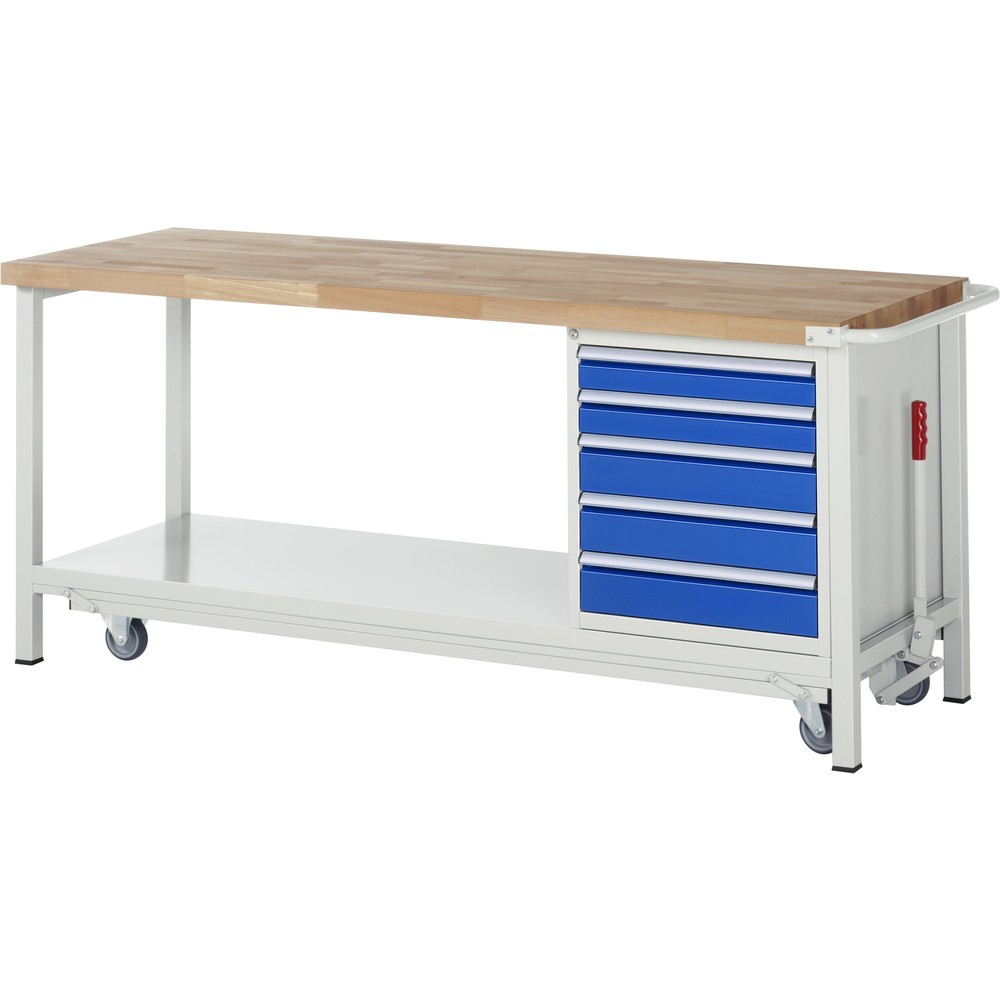 Imagen del producto: Banco de trabajo RAU serie 8000 con bastidor con ruedas abatible, 1 contenedores, 1 estante inferior, HxAxF 880 x 2.000 x 700 mm, 5 cajones extraíbles al 90%, ancho 490 mm