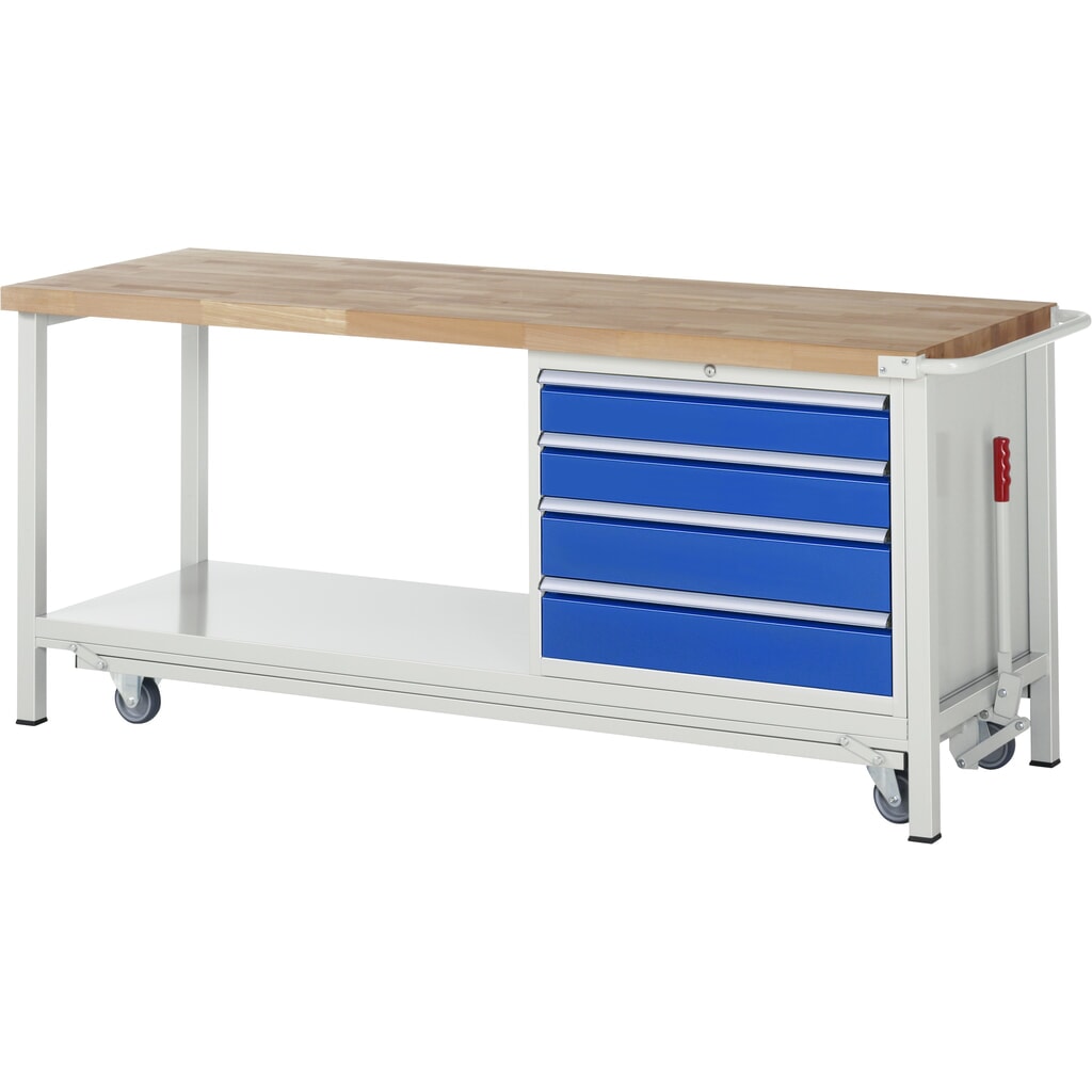 Imagen del producto: Banco de trabajo RAU serie 8000 con bastidor con ruedas abatible, 1 contenedores, 1 estante inferior, HxAxF 880 x 2.000 x 700 mm, 4 cajones extraíbles al 90%, ancho 680 mm