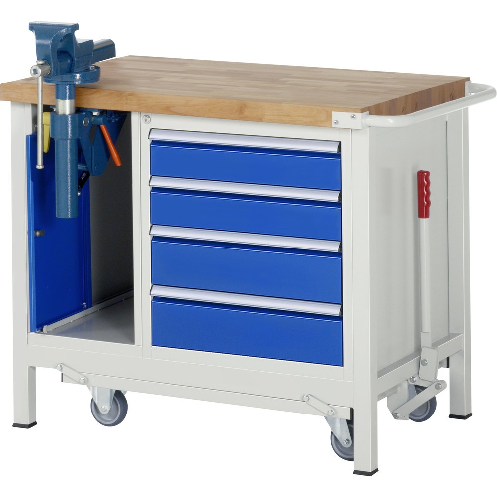 Imagen del producto: Banco de trabajo RAU serie 8000 con bastidor con ruedas abatible, 2 contenedores, HxAxF 880 x 1.000 x 700 mm, 4 cajones extraíbles al 90%, tornillo de banco