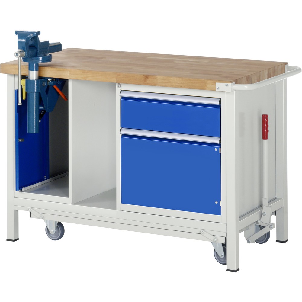 Imagen del producto: Banco de trabajo RAU serie 8000 con bastidor con ruedas abatible, 2 contenedores, 1 estante inferior, HxAxF 880 x 1.500 x 700 mm, 1 cajón extraíble al 90%, 1 puerta batiente, tornillo de banco, ErgoScript