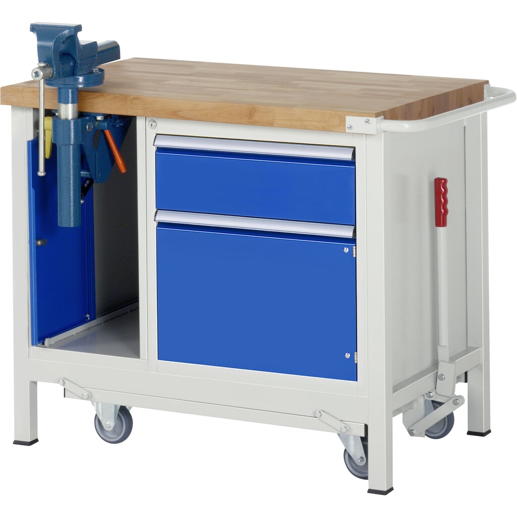 Banco de trabajo RAU serie 8000 con bastidor con ruedas abatible, 2 contenedores, HxAxF 880 x 1.000 x 700 mm, 1 puerta batiente, 1 cajón extraíble al 90%, tornillo de banco Imagen del producto: Banco de trabajo RAU serie 8000 con bastidor con ruedas abatible, 2 contenedores, HxAxF 880 x 1.000 x 700 mm, 1 puerta batiente, 1 cajón extraíble al 90%, tornillo de banco