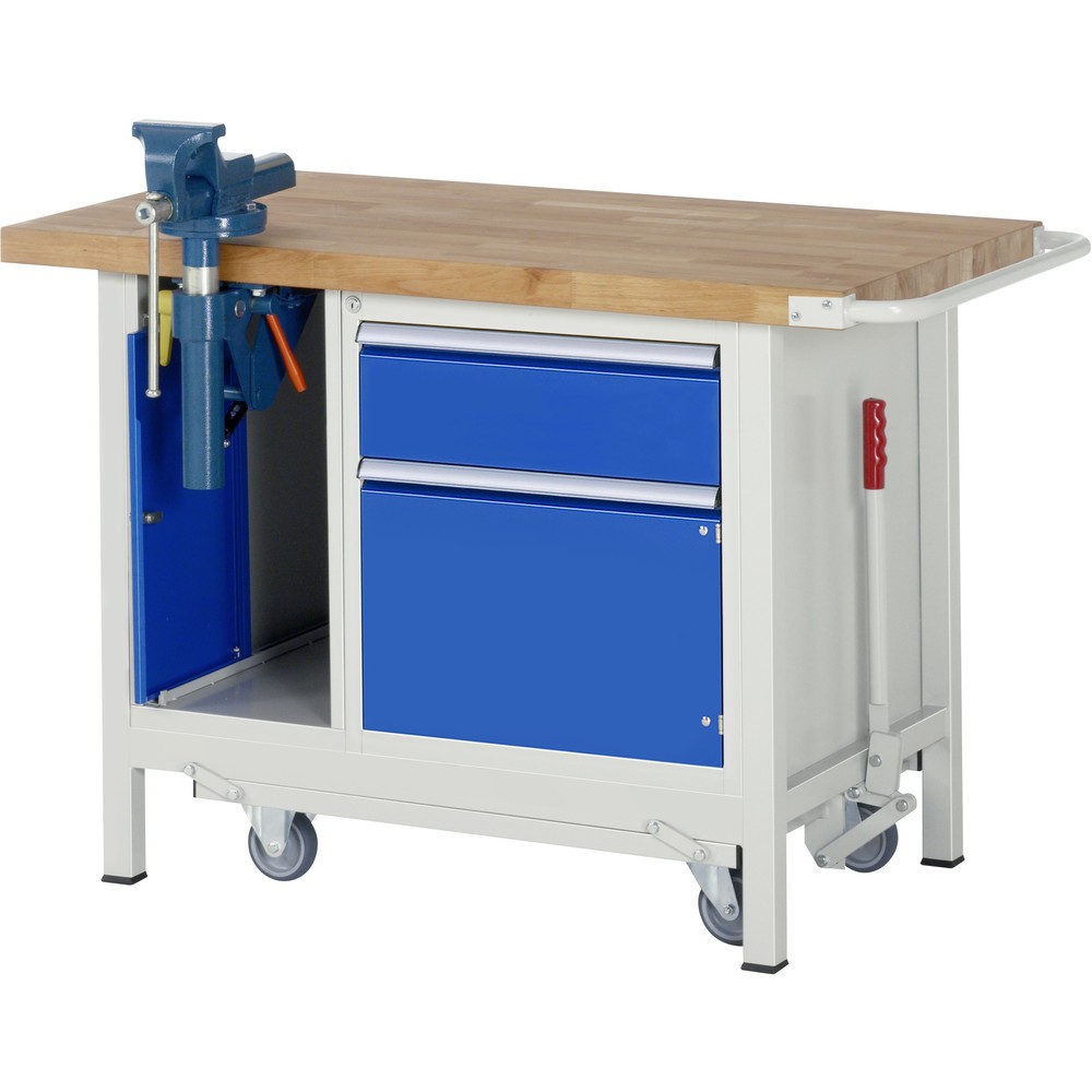 Imagen del producto: Banco de trabajo RAU serie 8000 con bastidor con ruedas abatible, 2 contenedores, HxAxF 880 x 1.250 x 700 mm, 1 puerta batiente, 1 cajón extraíble al 90%, tornillo de banco