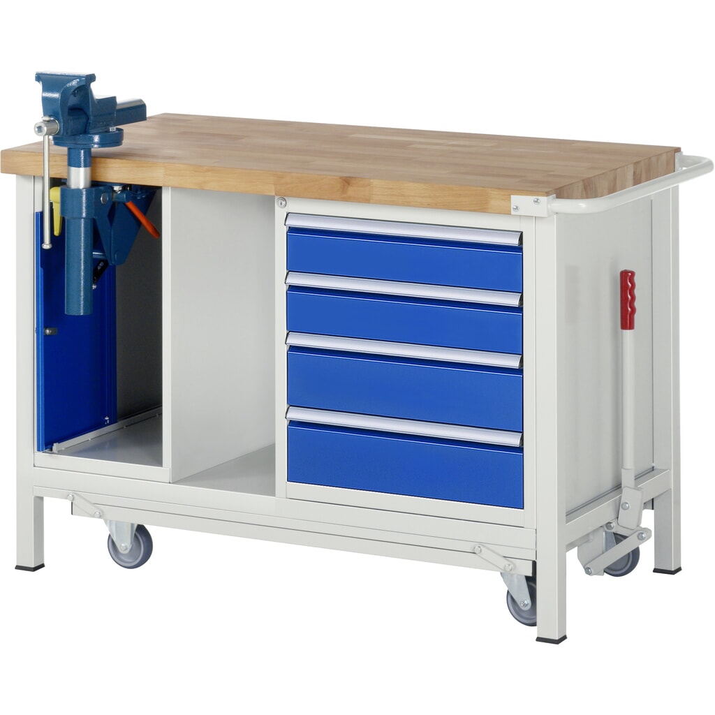 Imagen del producto: Banco de trabajo RAU serie 8000 con bastidor con ruedas abatible, 2 contenedores, 1 estante inferior, HxAxF 880 x 1.250 x 700 mm, 4 cajones extraíbles al 90%, tornillo de banco