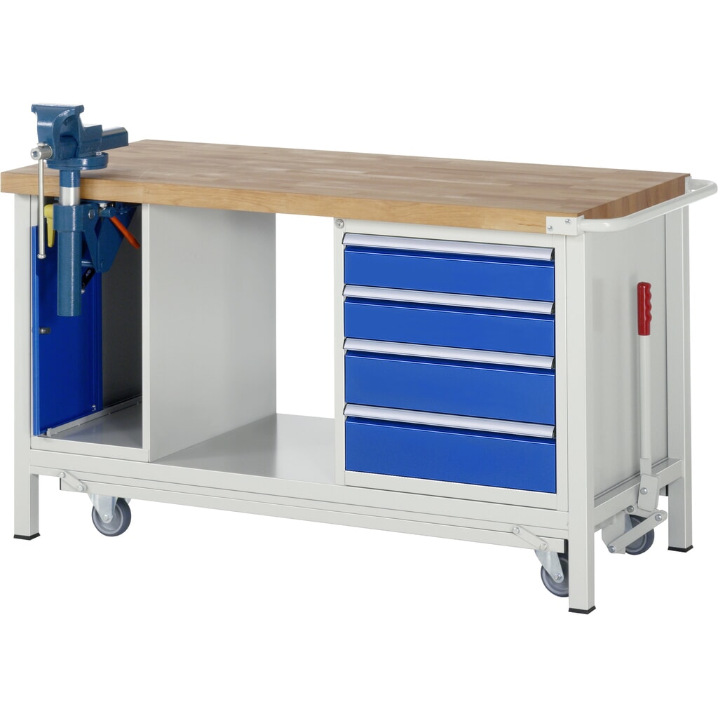 Banco de trabajo RAU serie 8000 con bastidor con ruedas abatible, 2 contenedores, 1 estante inferior, HxAxF 880 x 1.500 x 700 mm, 4 cajones extraíbles al 90%, tornillo de banco Imagen del producto: Banco de trabajo RAU serie 8000 con bastidor con ruedas abatible, 2 contenedores, 1 estante inferior, HxAxF 880 x 1.500 x 700 mm, 4 cajones extraíbles al 90%, tornillo de banco