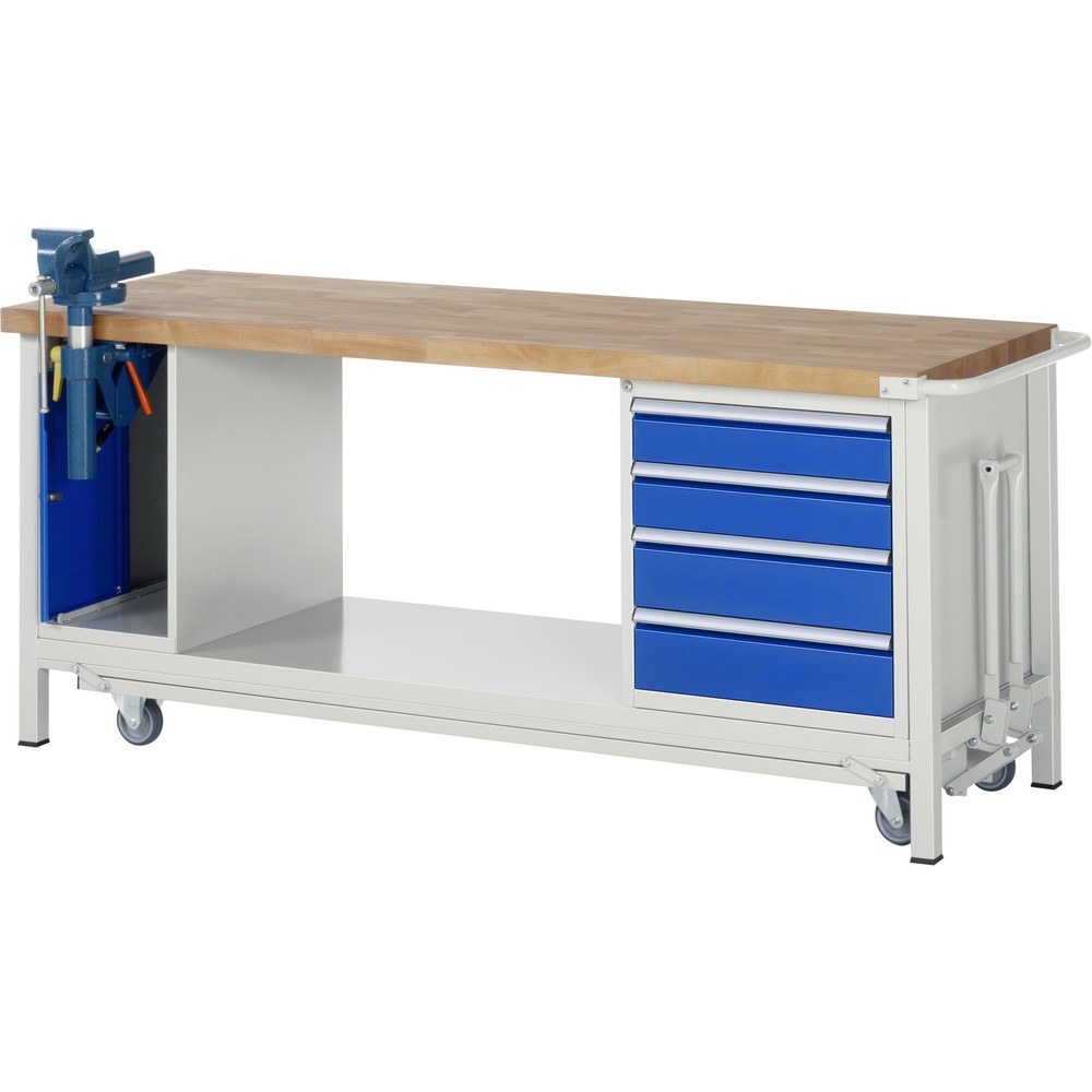 Imagen del producto: Banco de trabajo RAU serie 8000 con bastidor con ruedas abatible, 2 contenedores, 1 estante inferior, HxAxF 880 x 2.000 x 700 mm, 4 cajones extraíbles al 90%, tornillo de banco