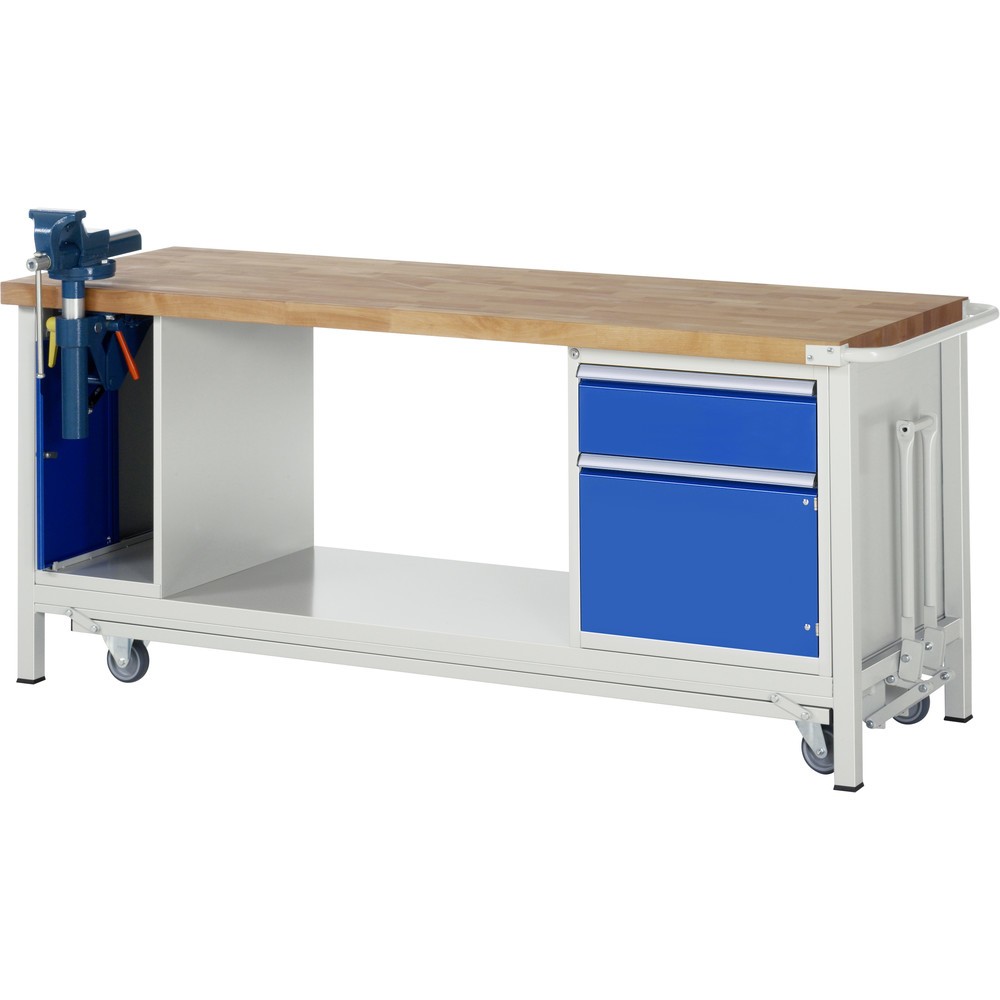 Número de imagen del producto 1: Banco de trabajo RAU serie 8000 con bastidor con ruedas abatible, 2 contenedores, 1 estante inferior, HxAxF 880 x 2.000 x 700 mm, 1 cajón extraíble al 90%, 1 puerta batiente, tornillo de banco, ErgoScript