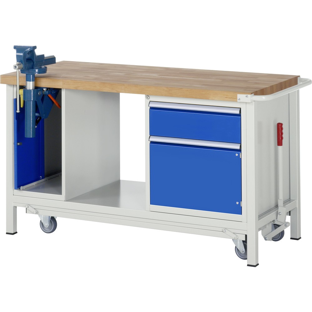 Número de imagen del producto 1: Banco de trabajo RAU serie 8000 con bastidor con ruedas abatible, 2 contenedores, 1 estante inferior, HxAxF 880 x 1.500 x 700 mm, 1 cajón extraíble al 90%, 1 puerta batiente, tornillo de banco, ErgoScript