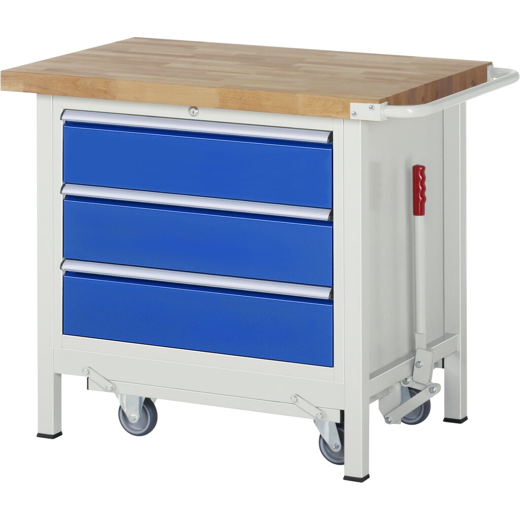 Imagen del producto: Banco de trabajo RAU serie 8000 con bastidor con ruedas abatible, 1 contenedor, HxAxF 880 x 1.000 x 700 mm, 3 cajones extraíbles al 90 %, ancho 680 mm, ErgoScript