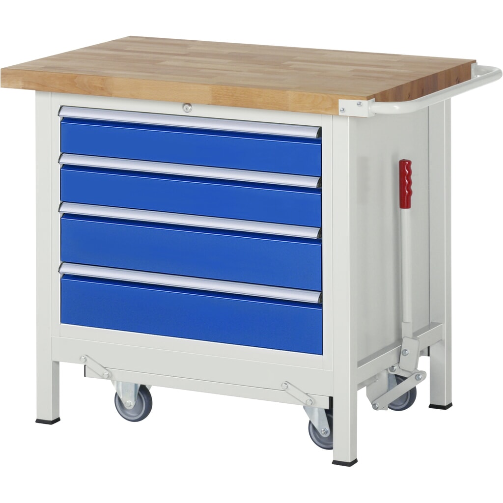 Banco de trabajo RAU serie 8000 con bastidor con ruedas abatible, 1 contenedor, HxAxF 880 x 1.000 x 700 mm, 4 cajones extraíbles al 90%, ancho 680 mm Imagen del producto: Banco de trabajo RAU serie 8000 con bastidor con ruedas abatible, 1 contenedor, HxAxF 880 x 1.000 x 700 mm, 4 cajones extraíbles al 90%, ancho 680 mm