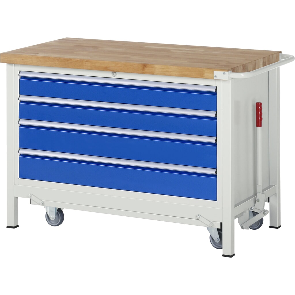 Banco de trabajo RAU serie 8000 con bastidor con ruedas abatible, 1 contenedor, HxAxF 880 x 1.250 x 700 mm, 4 cajones extraíbles al 90%, ancho 1.055 mm Imagen del producto: Banco de trabajo RAU serie 8000 con bastidor con ruedas abatible, 1 contenedor, HxAxF 880 x 1.250 x 700 mm, 4 cajones extraíbles al 90%, ancho 1.055 mm