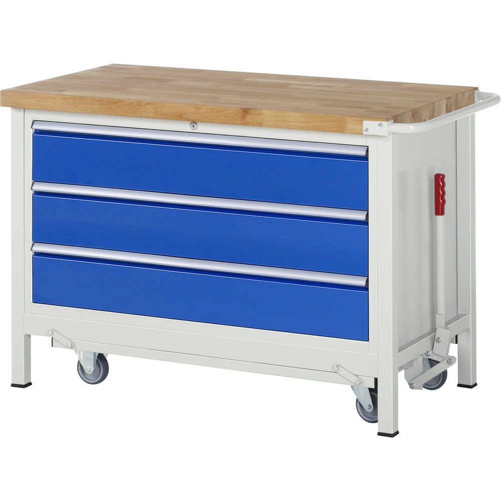 Imagen del producto: Banco de trabajo RAU serie 8000 con bastidor con ruedas abatible, 1 contenedor, HxAxF 880 x 1.250 x 700 mm, 3 cajones extraíbles al 90 %, ancho 1.055 mm, ErgoScript
