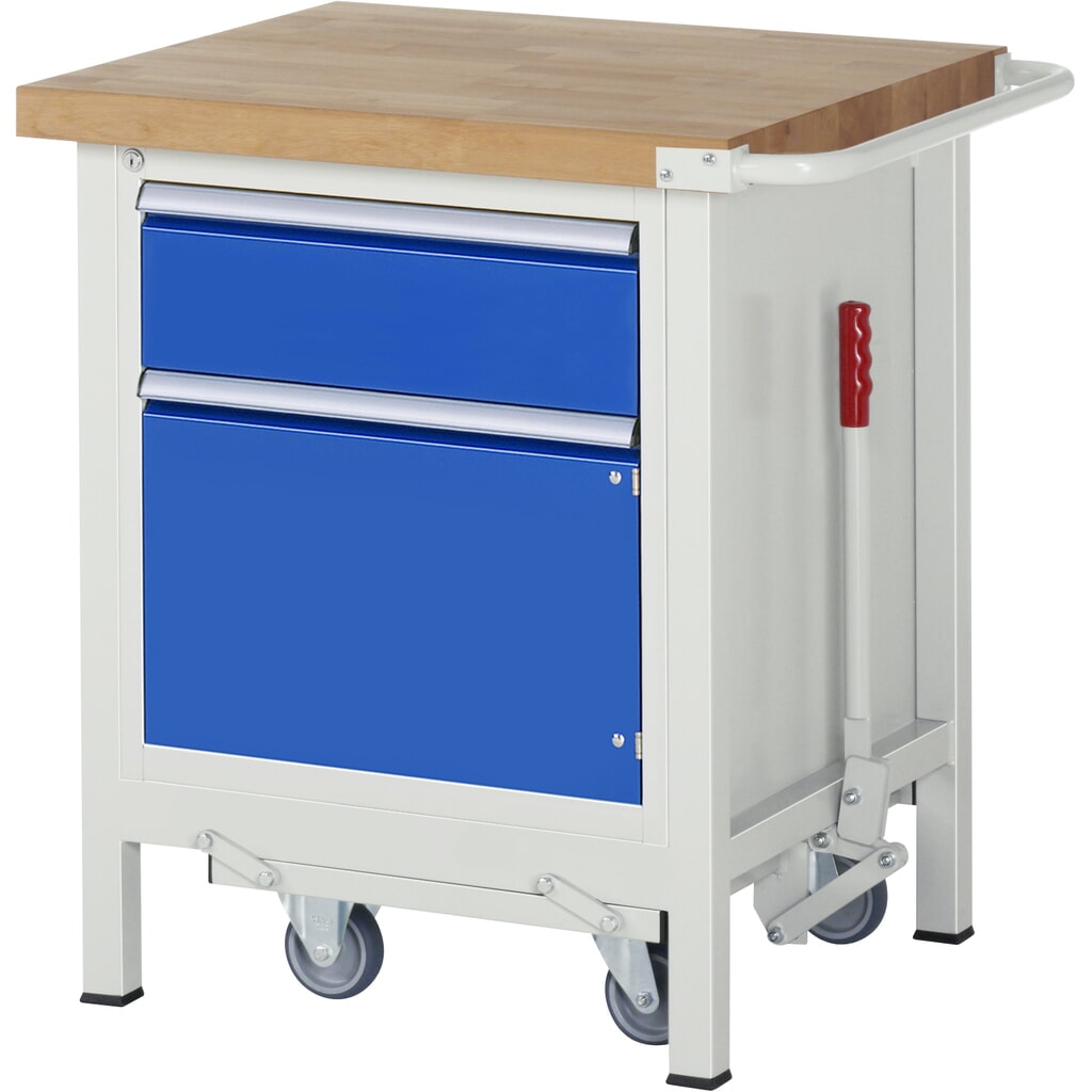 Imagen del producto: Banco de trabajo RAU serie 8000 con bastidor con ruedas abatible, 1 contenedor, HxAxF 880 x 750 x 700 mm, 1 cajón extraíble al 90 %, 1 puerta batiente, ErgoScript