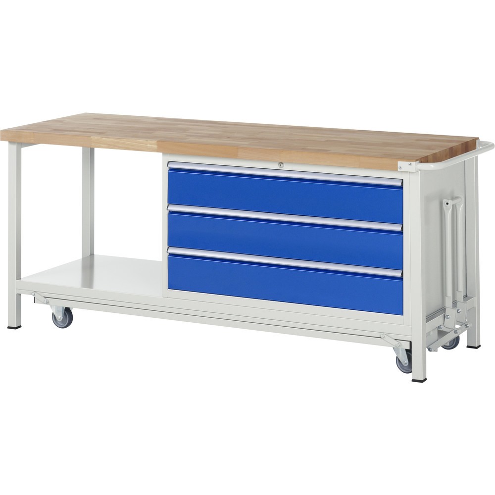 Imagen del producto: Banco de trabajo RAU serie 8000 con bastidor con ruedas abatible, 1 contenedor, HxAxF 880 x 2.000 x 700 mm, 3 cajones extraíbles al 90 %, ancho 1.055 mm, ErgoScript