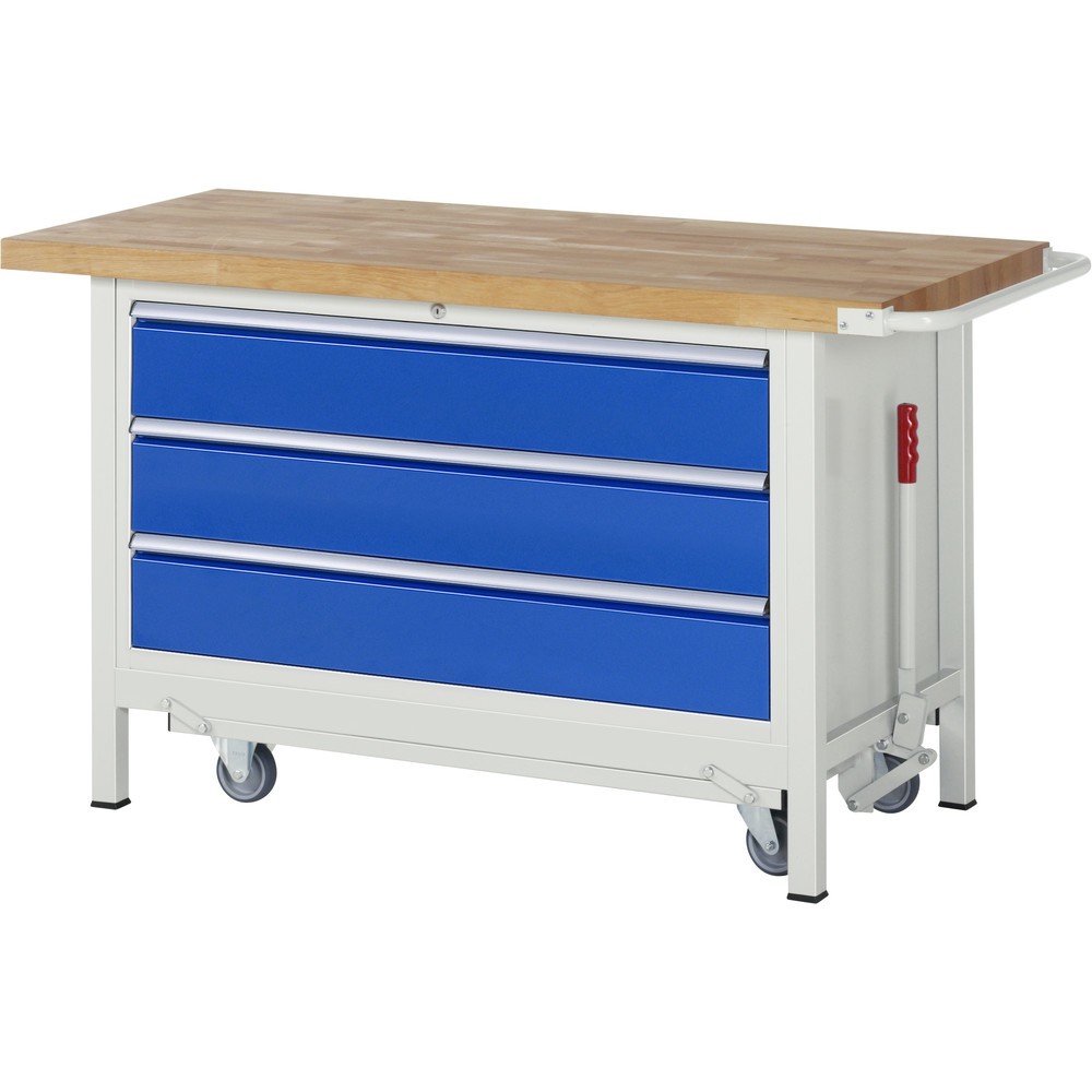 Imagen del producto: Banco de trabajo RAU serie 8000 con bastidor con ruedas abatible, 1 contenedor, HxAxF 880 x 1.500 x 700 mm, 3 cajones extraíbles al 90 %, ancho 1.055 mm, ErgoScript