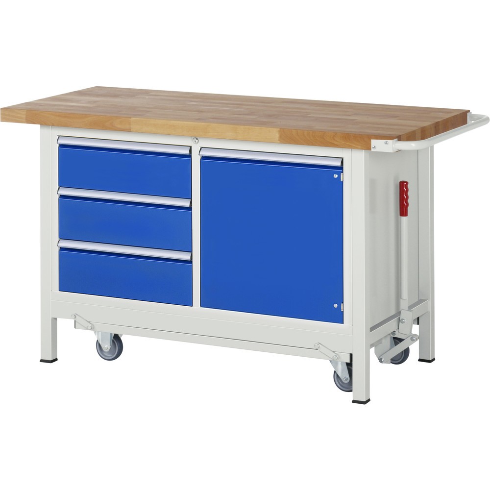 Imagen del producto: Banco de trabajo RAU serie 8000 con bastidor con ruedas abatible, 1 contenedor doble, HxAxF 880 x 1.250 x 700 mm, 1 puerta batiente, 3 cajones extraíbles al 90 %, ErgoScript