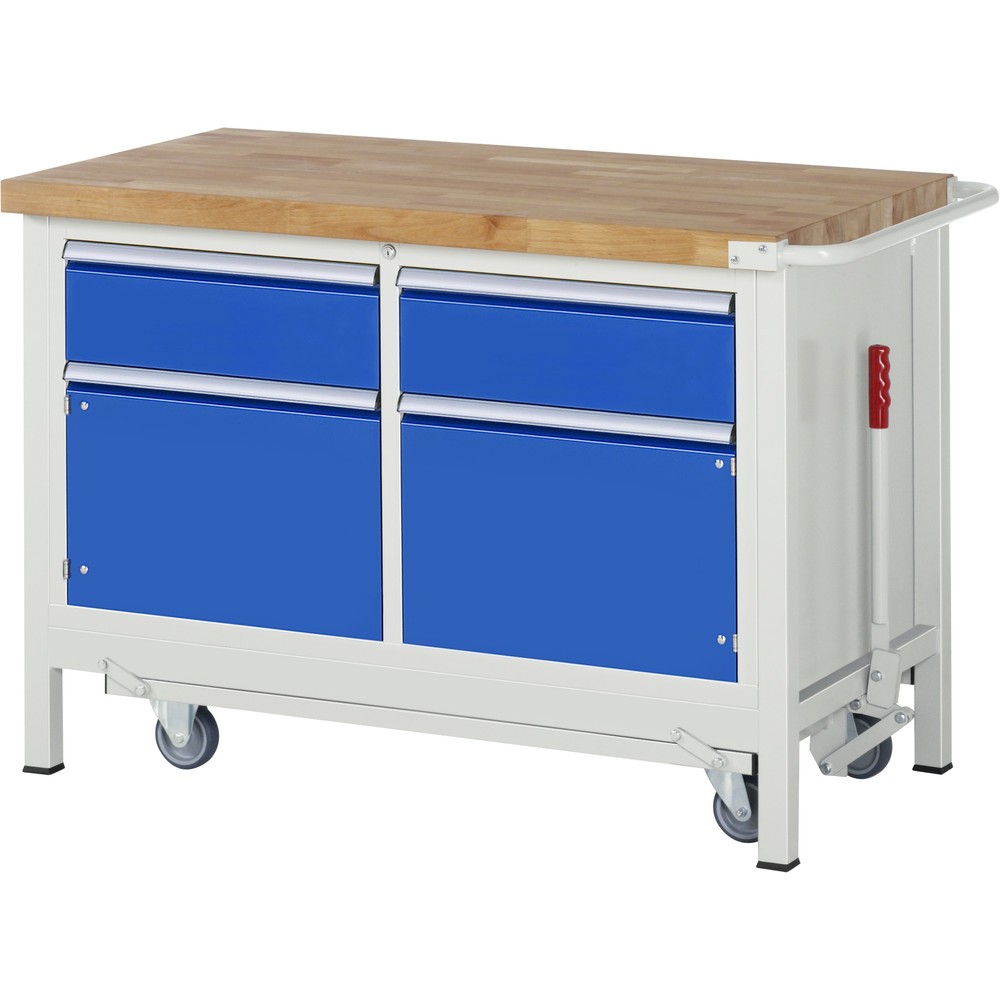 Imagen del producto: Banco de trabajo RAU serie 8000 con bastidor con ruedas abatible, 1 contenedor doble, HxAxF 880 x 1.250 x 700 mm, 2 cajones, 1 balda, ErgoScript®