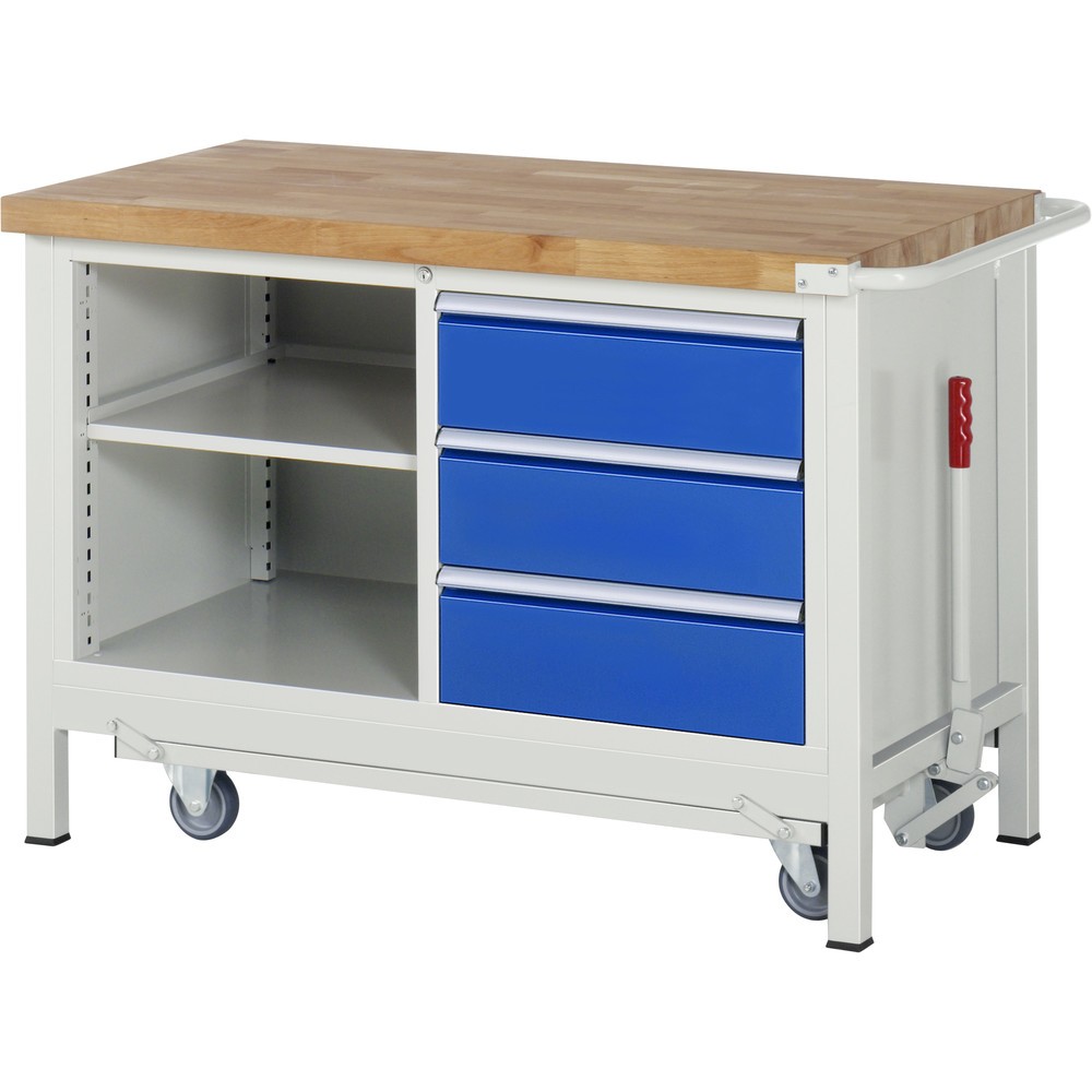 Imagen del producto: Banco de trabajo RAU serie 8000 con bastidor con ruedas abatible, 1 contenedor doble, HxAxF 880 x 1.250 x 700 mm, 1 balda, 3 cajones extraíbles al 90 %, ErgoScript