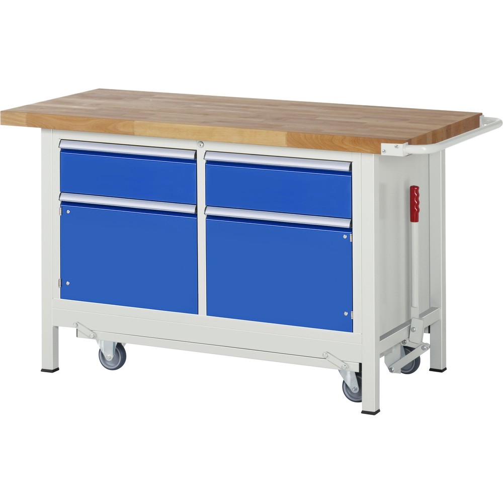 Imagen del producto: Banco de trabajo RAU serie 8000 con bastidor con ruedas abatible, 1 contenedor doble, HxAxF 880 x 1.500 x 700 mm, 2 cajones, 1 balda, ErgoScript®