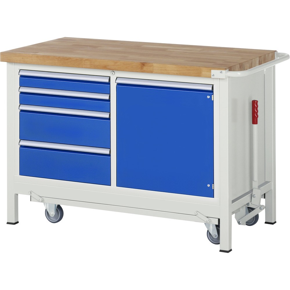 Imagen del producto: Banco de trabajo RAU serie 8000 con bastidor con ruedas abatible, 1 contenedor doble, HxAxF 880 x 1.250 x 700 mm, 4 cajones extraíbles al 90 %, 1 puerta batiente, 1 balda