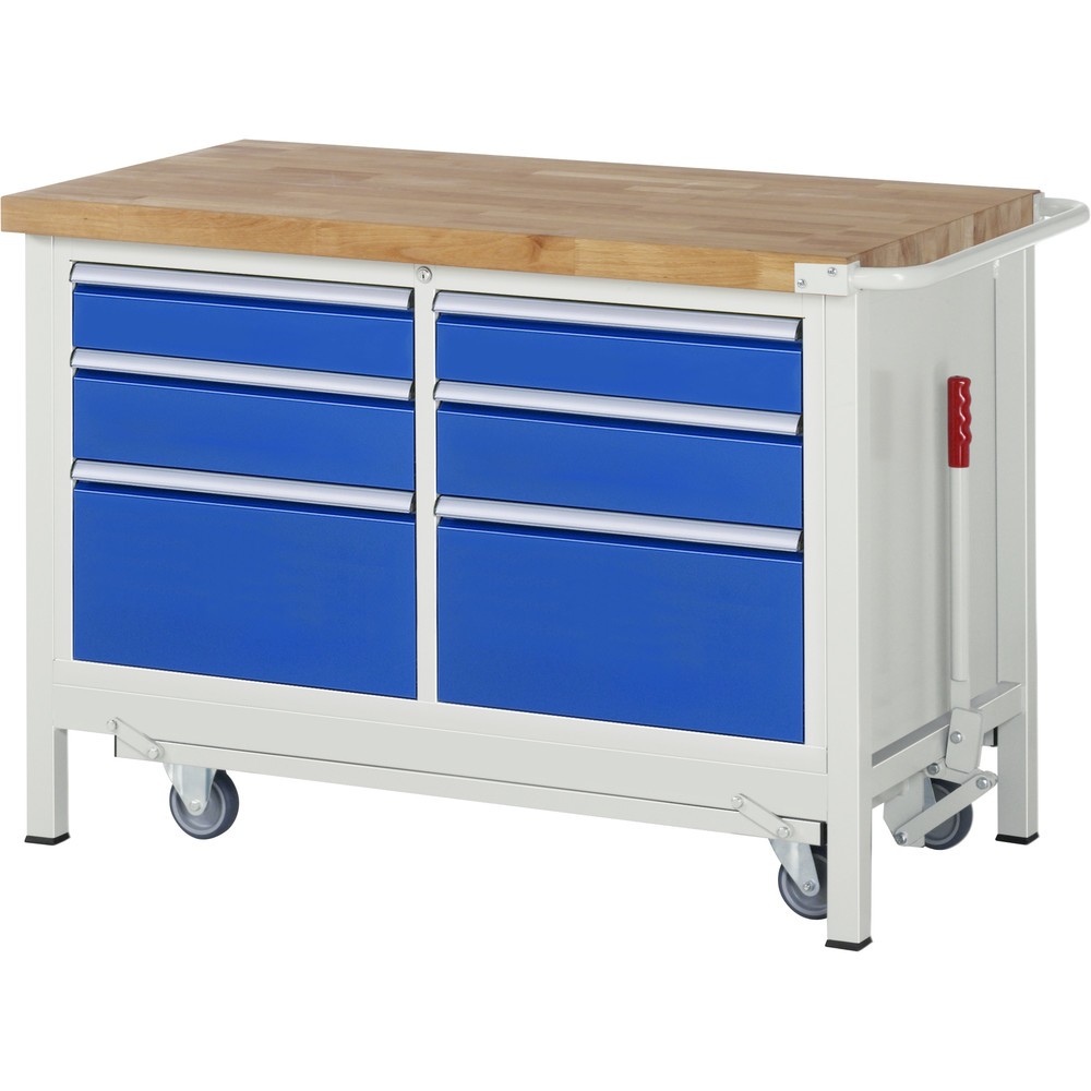 Imagen del producto: Banco de trabajo RAU serie 8000 con bastidor con ruedas abatible, 1 contenedor doble, HxAxF 880 x 1.250 x 700 mm, 6 cajones extraíbles al 90 %, 2 120 mm, 2 x 150 mm, 2 x 270 mm
