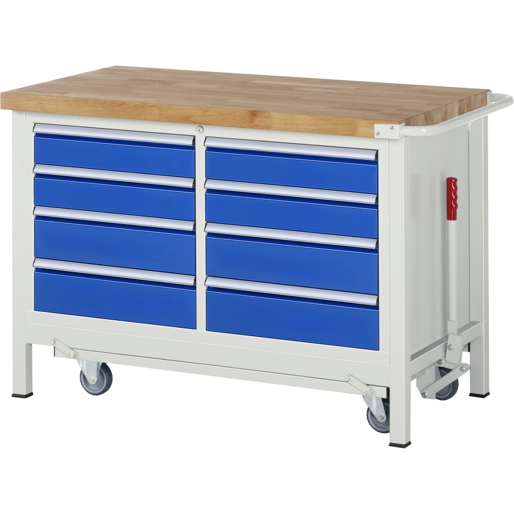 Imagen del producto: Banco de trabajo RAU serie 8000 con bastidor con ruedas abatible, 1 contenedor doble, HxAxF 880 x 1.250 x 700 mm, 8 cajones extraíbles al 90 %, 4 x 120 mm, 4 x 150 mm