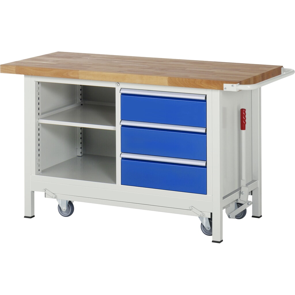 Imagen del producto: Banco de trabajo RAU serie 8000 con bastidor con ruedas abatible, 1 contenedor doble, HxAxF 880 x 1.500 x 700 mm, 1 balda, 3 cajones extraíbles al 90 %, ErgoScript
