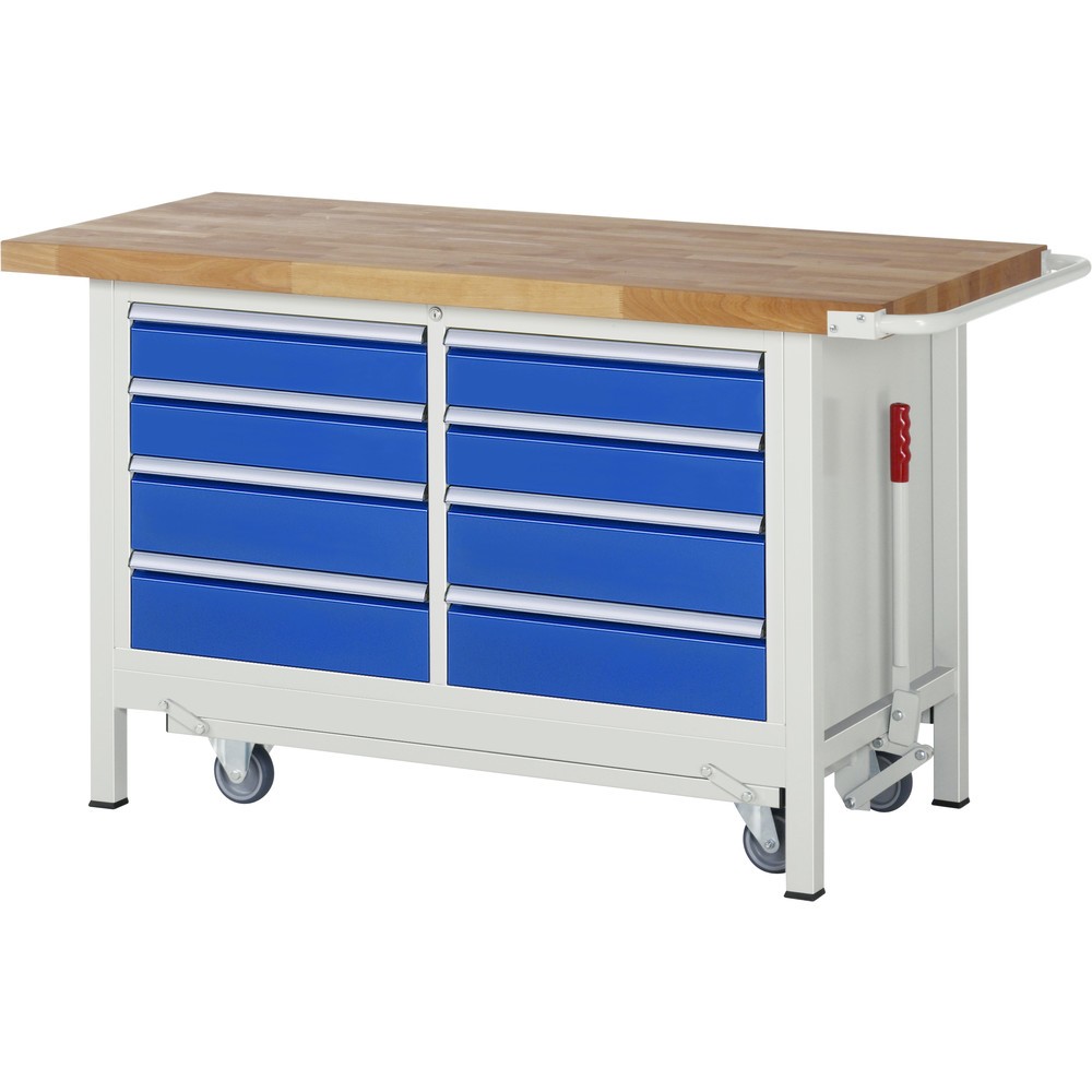 Imagen del producto: Banco de trabajo RAU serie 8000 con bastidor con ruedas abatible, 1 contenedor doble, HxAxF 880 x 1.500 x 700 mm, 8 cajones extraíbles al 90 %, 4 x 120 mm, 4 x 150 mm