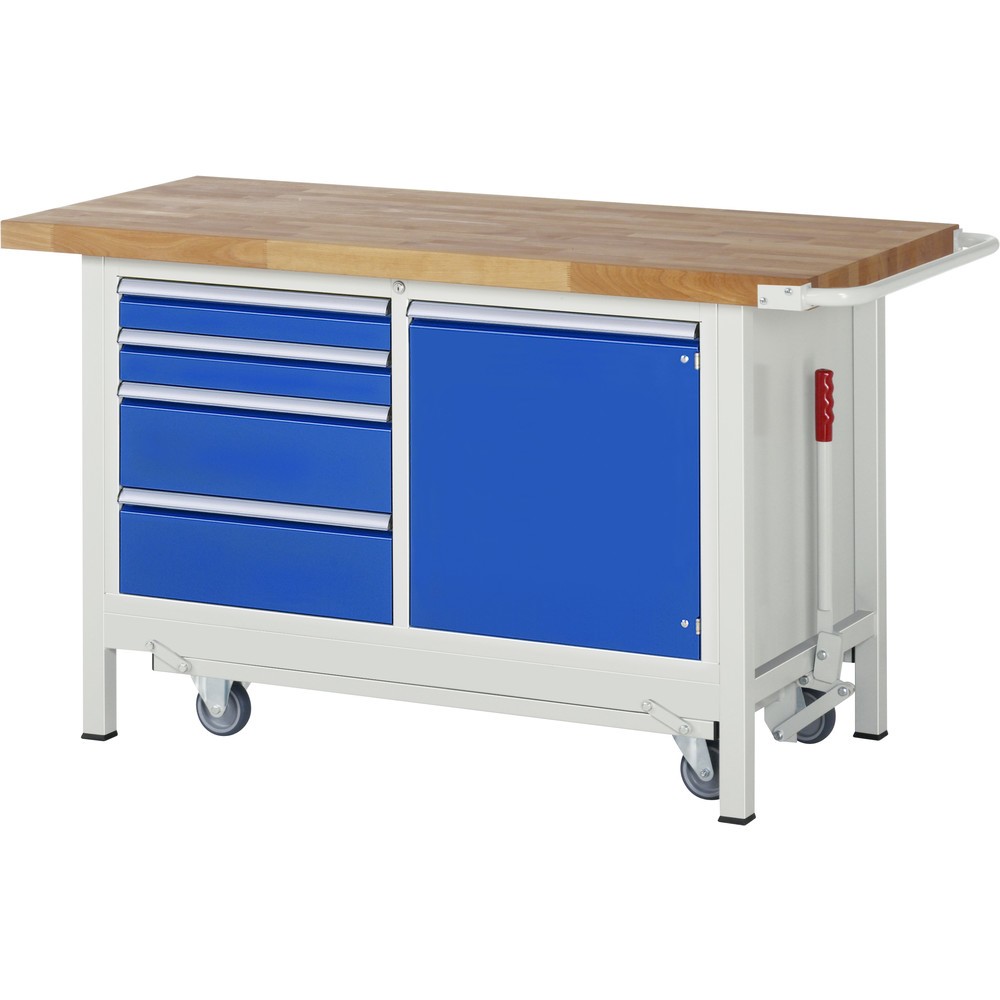 Imagen del producto: Banco de trabajo RAU serie 8000 con bastidor con ruedas abatible, 1 contenedor doble, HxAxF 880 x 1.500 x 700 mm, 4 cajones extraíbles al 90 %, 1 puerta batiente, 1 balda