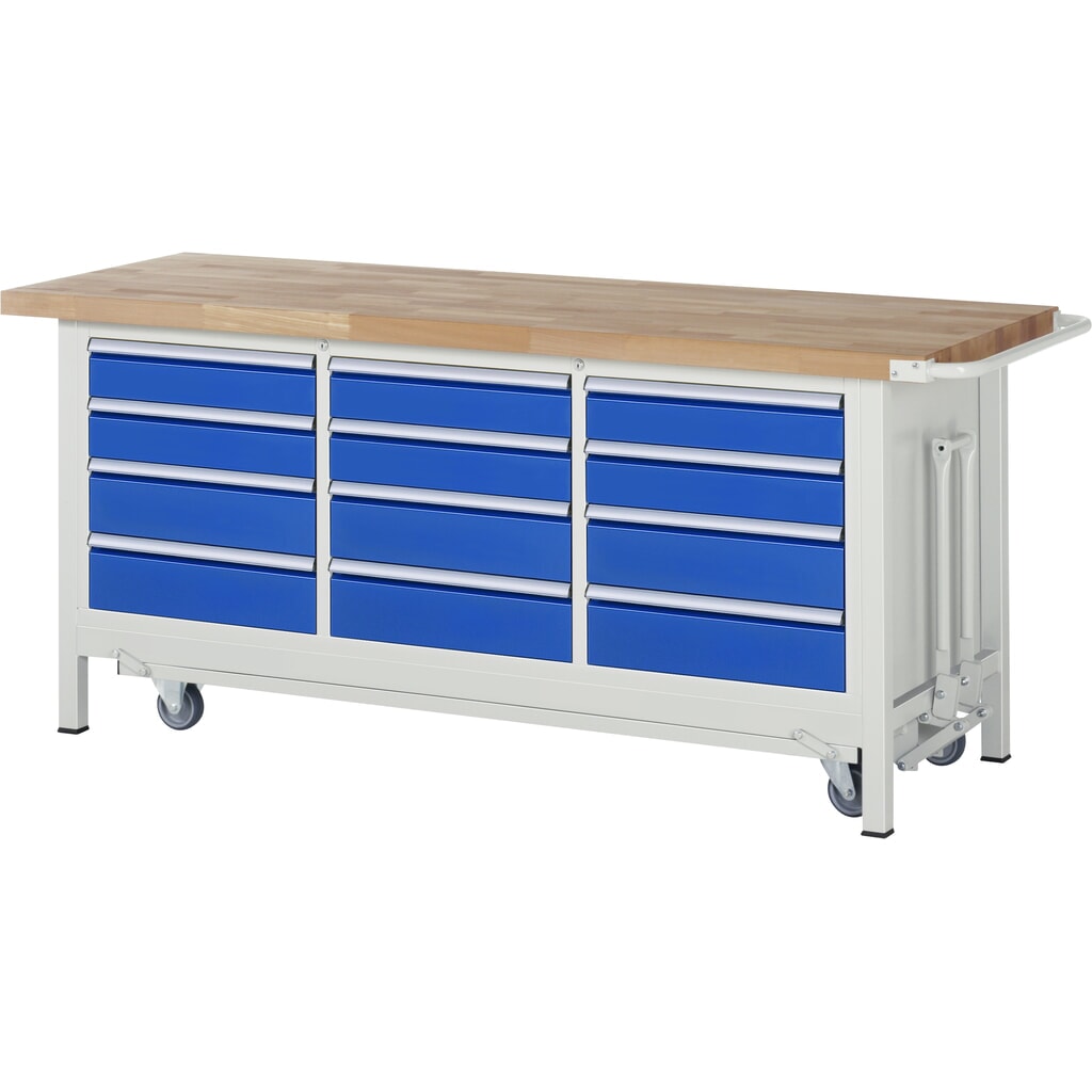 Imagen del producto: Banco de trabajo RAU serie 8000 con bastidor con ruedas abatible, 1 contenedor triple, HxAxF 880 x 2.000 x 700 mm, 12 cajones extraíbles al 90 %
