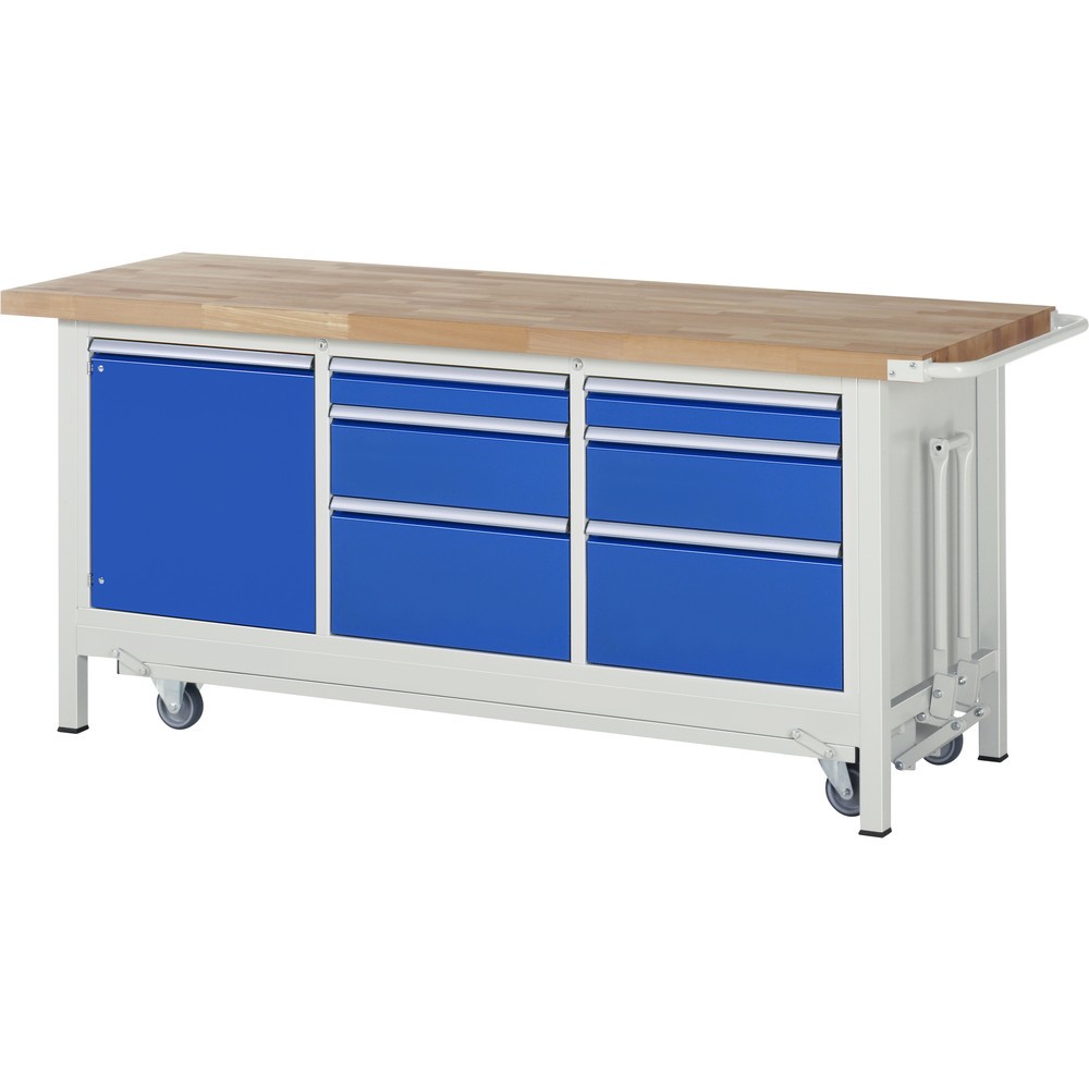 Imagen del producto: Banco de trabajo RAU serie 8000 con bastidor con ruedas abatible, 1 contenedor triple, HxAxF 880 x 2.000 x 700 mm, 6 cajones, 1 puerta batiente