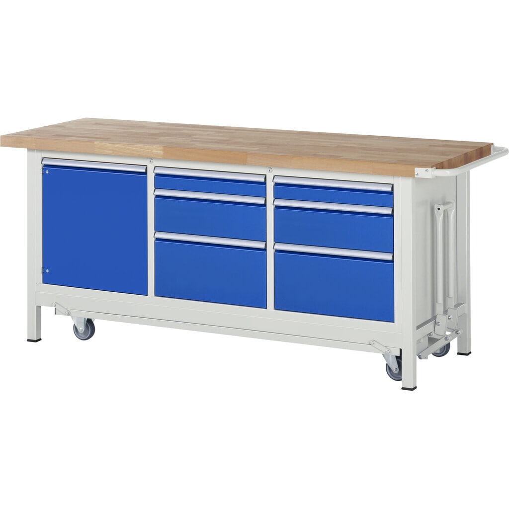 Imagen del producto: Banco de trabajo RAU serie 8000 con bastidor con ruedas abatible, 1 contenedor triple, HxAxF 880 x 2.000 x 700 mm, 6 cajones, 1 puerta batiente
