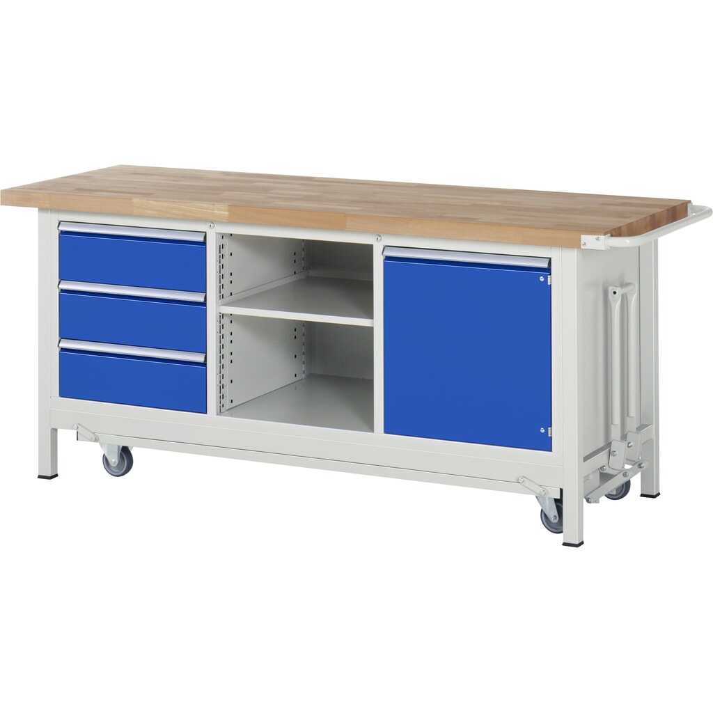 Banco de trabajo RAU serie 8000 con bastidor con ruedas abatible, 1 contenedor triple, HxAxF 880 x 2.000 x 700 mm, 1 puerta batiente, 1 balda, 3 cajones extraíbles al 90%, ErgoScript Imagen del producto: Banco de trabajo RAU serie 8000 con bastidor con ruedas abatible, 1 contenedor triple, HxAxF 880 x 2.000 x 700 mm, 1 puerta batiente, 1 balda, 3 cajones extraíbles al 90%, ErgoScript