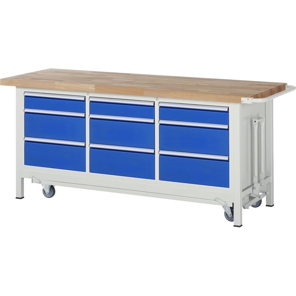 Imagen del producto: Banco de trabajo RAU serie 8000 con bastidor con ruedas abatible, 1 contenedor triple, HxAxF 880 x 2.000 x 700 mm, 9 cajones extraíbles al 90 %, 3 x 120 mm, 6 x 210 mm