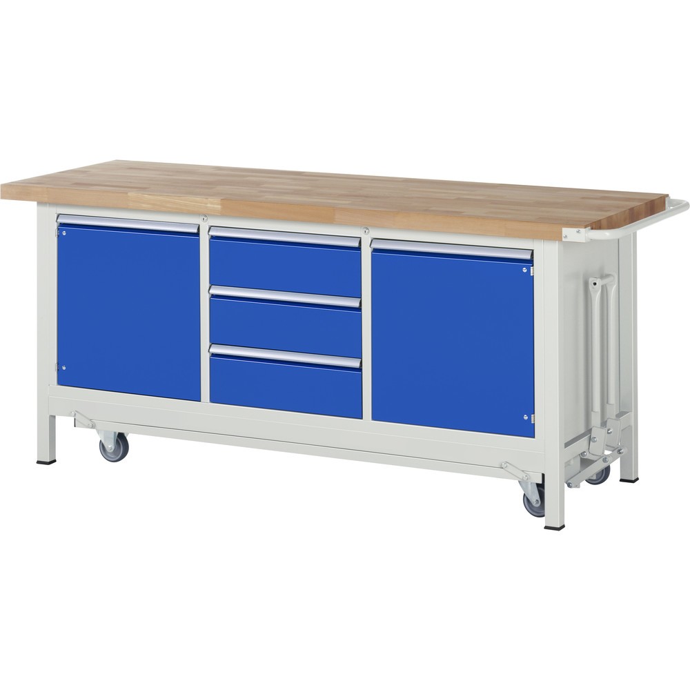 Número de imagen del producto 1: Banco de trabajo RAU serie 8000 con bastidor con ruedas abatible, 1 contenedor triple, HxAxF 880 x 2.000 x 700 mm, 2 puertas batientes, 3 cajones extraíbles al 90 %, ErgoScript