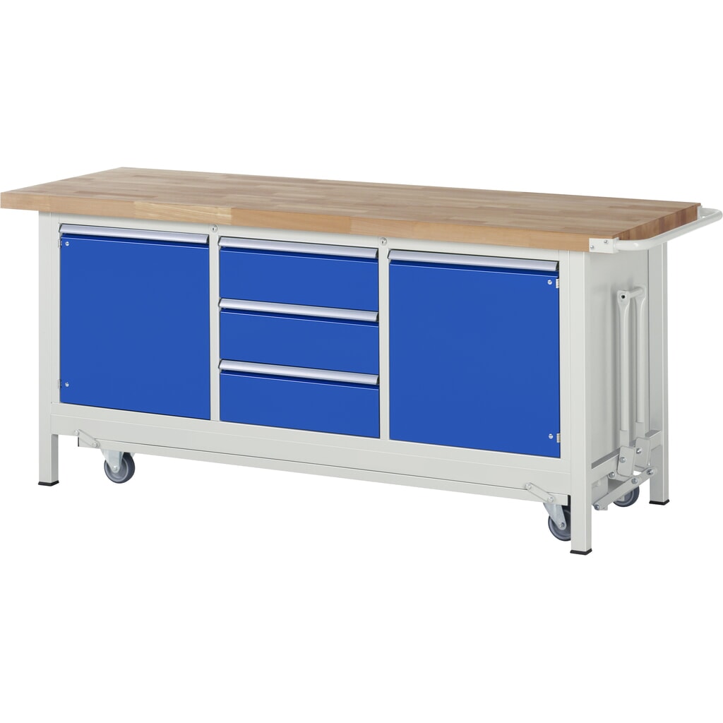 Banco de trabajo RAU serie 8000 con bastidor con ruedas abatible, 1 contenedor triple, HxAxF 880 x 2.000 x 700 mm, 2 puertas batientes, 3 cajones extraíbles al 90 %, ErgoScript Imagen del producto: Banco de trabajo RAU serie 8000 con bastidor con ruedas abatible, 1 contenedor triple, HxAxF 880 x 2.000 x 700 mm, 2 puertas batientes, 3 cajones extraíbles al 90 %, ErgoScript